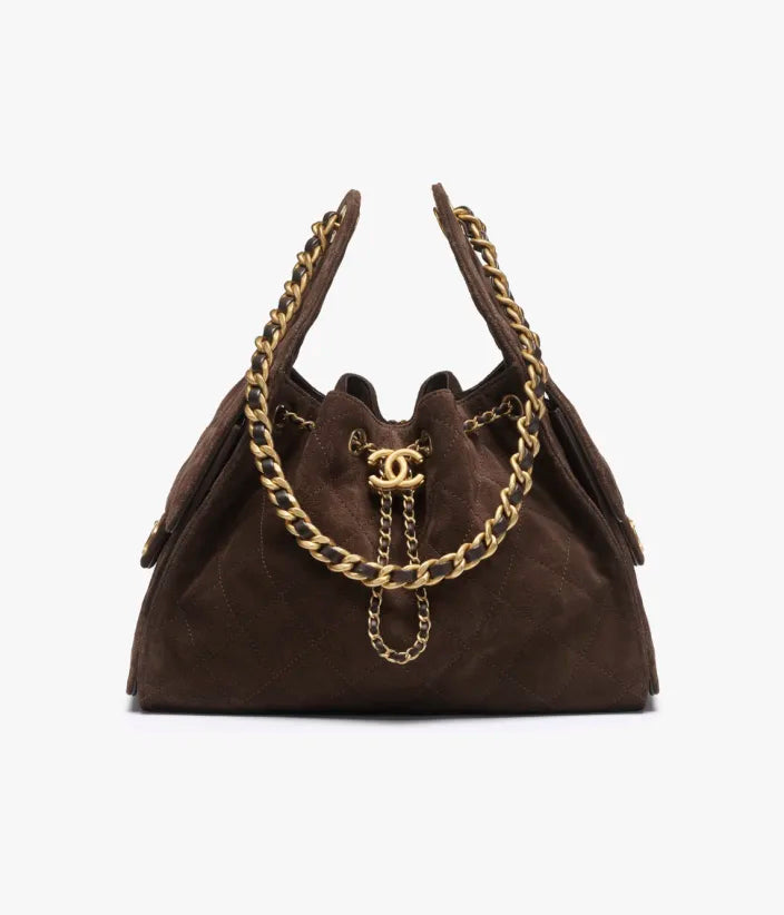Chanel 25 Small Handbag Suede Calfskin & Gold Metal Dark Brown