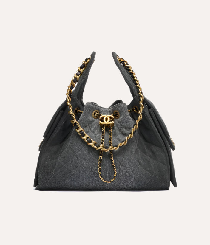 Chanel 25 Small Handbag Washed Denim & Gold-Tone Metal Black