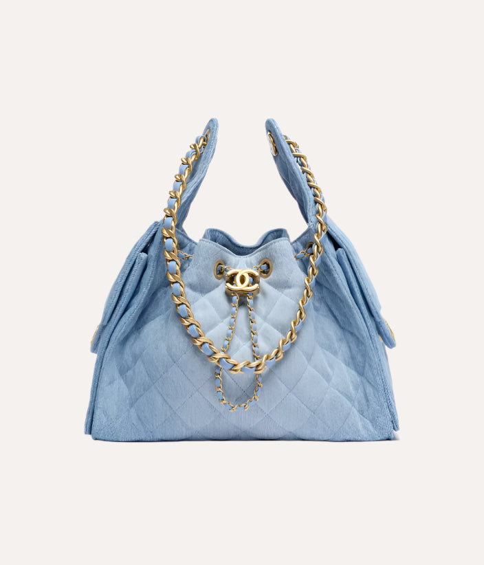 Chanel 25 Small Handbag Washed Denim & Gold-Tone Metal Blue